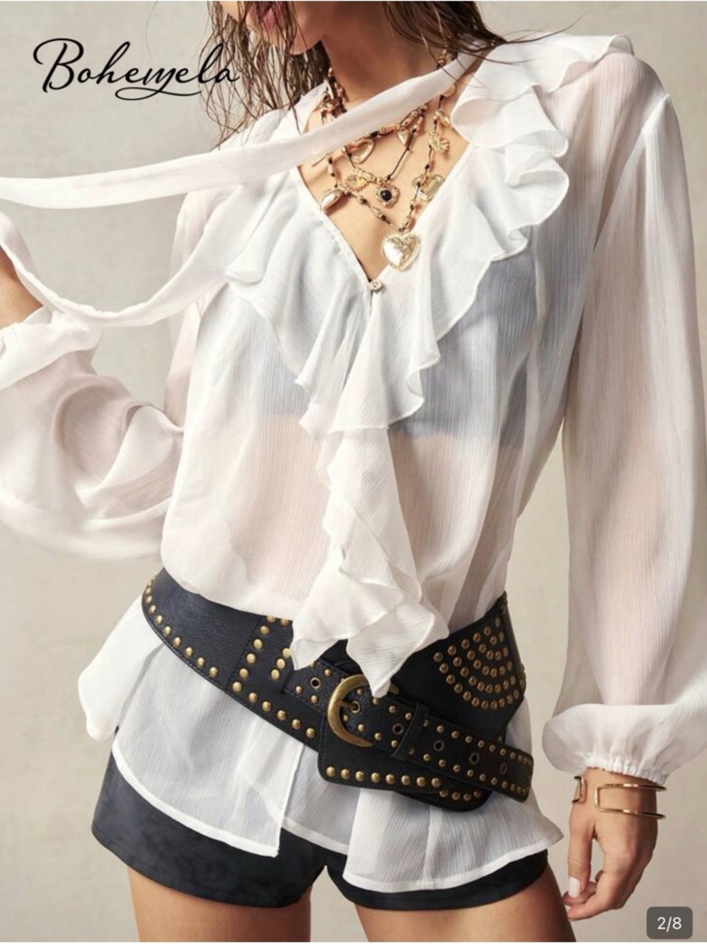SHEIN White Ruffle V-Neck Long Sleeve Blouse